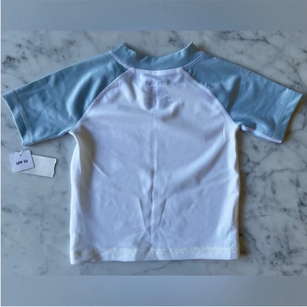 Sears brand kids, white blue, short sleeve rash guard UPF 50, 2T